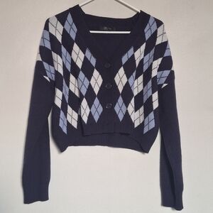 Witty Fox Navy Argyle Strechy Knit Crop Cardigan Sweater L
